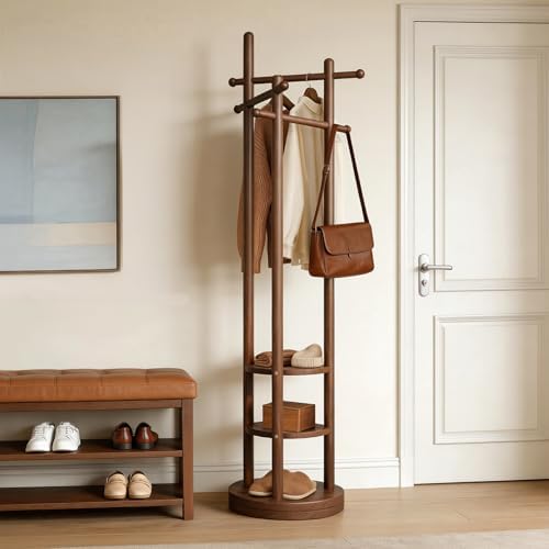 Coat Rack Freestanding, Solid Wood Coat Tree with 6 Hooks and 3 Storage Shelves for Bedroom, Entryway Living Room, Office, Corner Hanger Stand for Purse, Bag, Jacket, Hat by Unknown