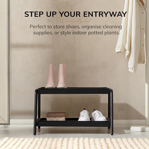 Anji Mountain Heavy Duty Waterproof Wooden Shoe Storage Mat Organizer/Boot Storage Tray Multi Use for Entryway with Coir, Tan and Black Tribal Insert, 2 Tier, Fits 4 Pair (26.5" Wide) - Image 2