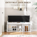 42.6" Storage Bench - Shoe Storage Bench with Side Storage Shelves and 3 Doors, Multifunctional Entryway Bench with Lift Top Cushion, Shoe Bench for Bedroom, Living Room, Entryway, White - Image 3