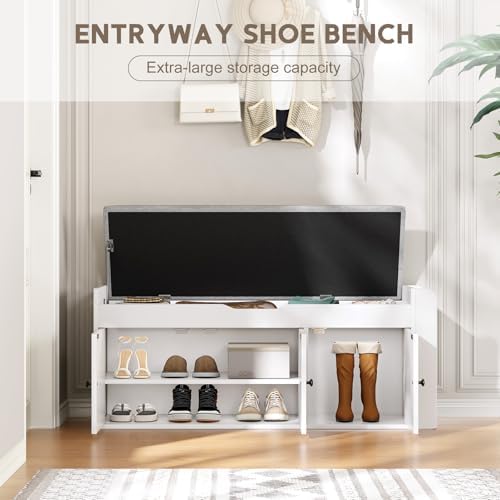 42.6" Storage Bench - Shoe Storage Bench with Side Storage Shelves and 3 Doors, Multifunctional Entryway Bench with Lift Top Cushion, Shoe Bench for Bedroom, Living Room, Entryway, White - Image 3
