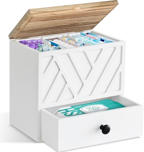 Tampon Holder for Bathroom Decor, Feminine Product Organizer with Lid and Drawer, Shark Week Tampon Storage, Wood Pad and Tampon Organizer for Toilet Organizer, Bathroom Accessories Box for Girl Stuff by Jorkol