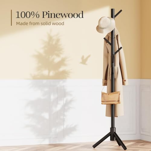 Pipishell Solid Wooden Coat Rack Freestanding with 8 Hooks, Black - Image 4