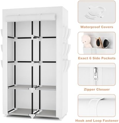 VTRIN Portable Closet Wardrobe Closet for Hanging Clothes with 4 Storage Shelves, 2 Hanging Rods and 6 Pockets, Stable and Easy Assembly Clothes Rack with Cover Free Standing Closet White - Image 4