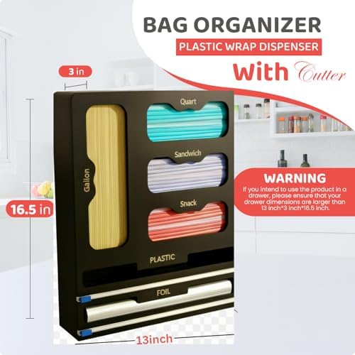 Storage Bag organizer, 6 in 1 Foil and Plastic Wrap Dispenser with Cutter, Bamboo Kitchen Drawer Organizer Food Bag Organizer for Gallon, Quart, Sandwich, Snack Bags (Black) - Image 2