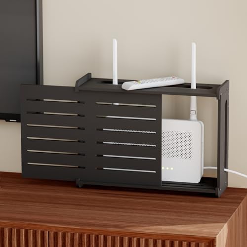 Wooden WiFi Router Storage Box Hider Shelf, Decorative Projector Box Hider Rack Countertop, for Cable, Modem, Internet, Router Power Cover Storage Organizer Cabinet Wall Mounted, Black by Haidaiya