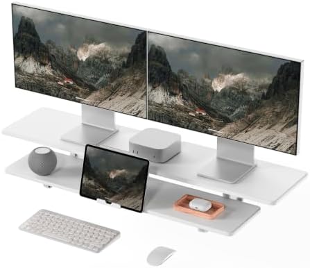 TRIN&AUSAN Dual Monitor Stand Riser, Wooden 2-Tier Computer Monitor Stand with Storage, Adjustable Ergonomic Desktop Monitor Riser with Cable Management & Phone Holder for Home Office Desk (White) by TRINAUSAN