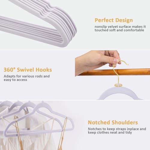 Premium Velvet Clothes Hangers Pack of 60, Heavy Duty, Non Slip Velvet Suit Hangers Heavy Duty with Gold Hook, 0.2 Inch Slim Space Saving Hangers for Suits, Pants, Shirts, and Dress (White) - Image 3