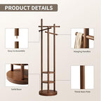 Coat Rack Freestanding, Solid Wood Coat Tree with 6 Hooks and 3 Storage Shelves for Bedroom, Entryway Living Room, Office, Corner Hanger Stand for Purse, Bag, Jacket, Hat - Image 4