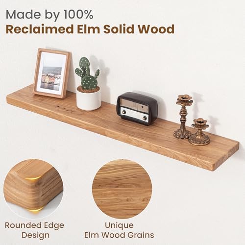 Floating Shelves for Wall, 40"Wx8"D Rustic Solid Elm Wood Floating Shelves Wall Mounted, Round Edge Wall Shelves with Invisible Bracket for Living Room Bathroom Bedroom Kitchen, Set of 2, Natural - Image 3
