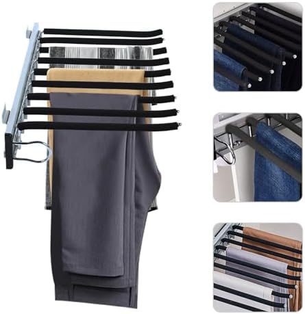 9 Arms Steel Slide Out Pants Rack Closet Pants Hanger Bar Pull Out Trousers Rack Tie Belts Scarf Racks, Wardrobe Clothes Organizers Rail Pull Out Closet Storage Rod-(Left Side Mounts) - Image 7