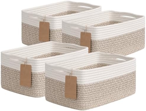 Goodpick 4 Pack Storage Baskets for Organizing Shelves, Light Brown & White by Goodpick