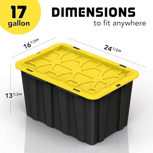 4 PACK of 17 Gallon Large Black & Yellow Storage Bins | Plastic Tote Organizing Container with Secure Latching Lids, Stackable, Extra Strength with Built in Handle | 24.5" x 16.5" x 13.5" - Image 3