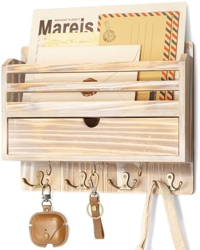 Rebee Vision Farmhouse Mail Organizer Wall Mount for Entryway, Natural Wood by REBEEVISION