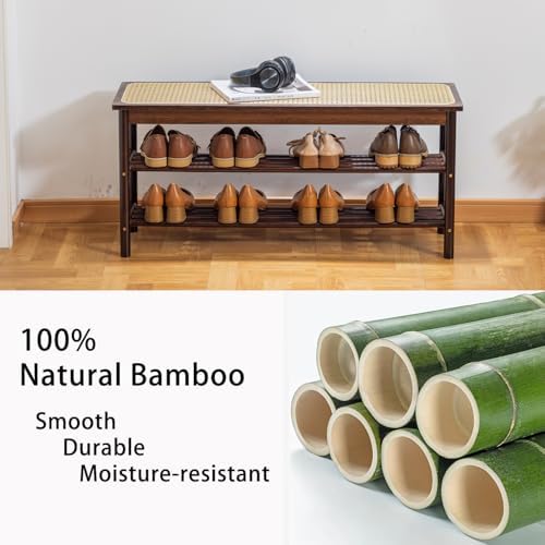 latifolia Shoe Rack Bench, 3-Tier Bamboo Shoe Bench with Breathable Rattan Seat Cushion, Shoe Storage Rack for Entryway(Walnut,39.70''L) - Image 4