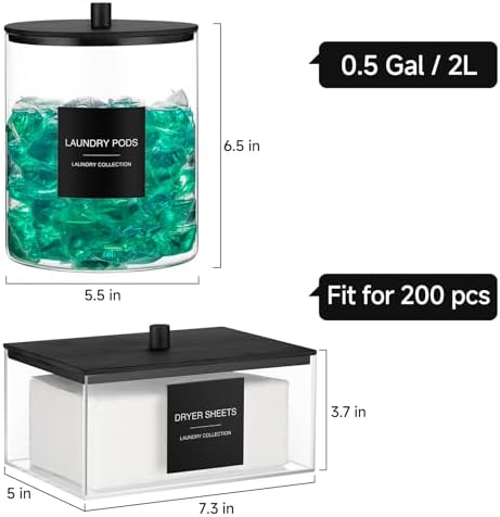 Glass Jars and Acrylic Dryer Sheet Holder, Laundry Pods Container with Bamboo Lid and 27 Labels, Powder Detergent Containers for Laundry Room Organization, Storage Jars Set (3 Pack, Black) - Image 3