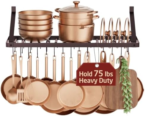 KES 75lb High-Capacity Oil Bronze Pot Rack Wall Mounted with Pot Lid Holder by KES