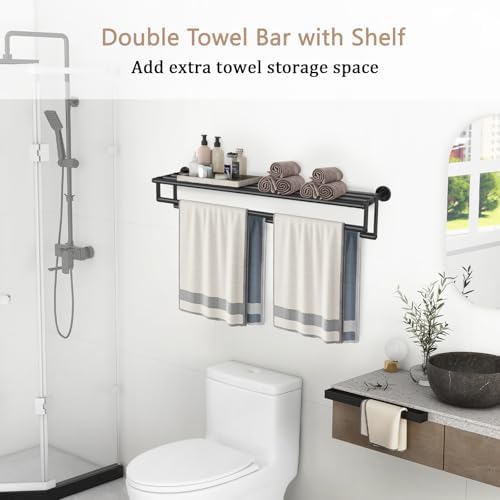 Double Towel Racks for Bathroom, 32Inch Double Towel Bar with Shelf, Towel Tack with Shelf, Wall Mount Towel Holder, Stainless Steel Towel Rod(Matte Black) - Image 5