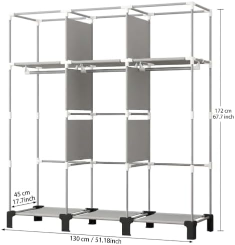 Portable Non-Woven Fabric Wardrobe, 3 Hanging Rods & Multi Tier Storage Shelves, 18 Side Pockets Clothes Closet Organizer, 130×45×172cm for Bedroom Dorm Living Room (Beige) - Image 3