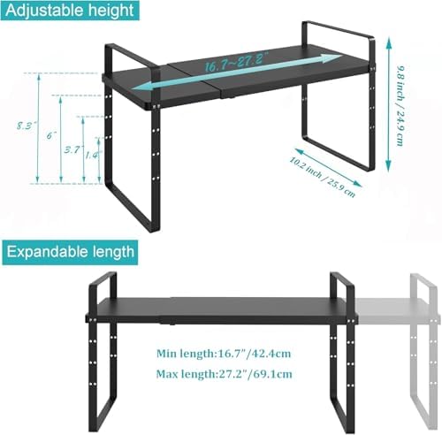 iPEGTOP Expandable Cabinet Storage Shelf Organizer Rack, Heavy Duty Steel Metal Spice Rack Adjustable Height Home Office Garage Pantry Shelves for Counter Kitchen Organization, Black, 2 Pack - Image 3