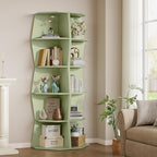 6-Tier Wavy Corner Shelf, Wooden Tall Corner Bookshelf, Green - Image 5