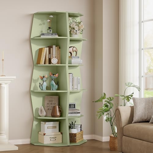 6-Tier Wavy Corner Shelf, Wooden Tall Corner Bookshelf, Green - Image 5