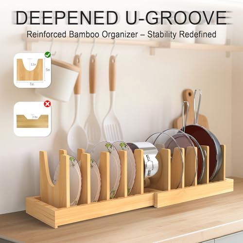 Bamboo Pots and Pans Organizer Under Cabinet, Adjustable Pot Lid Organizer - Image 3