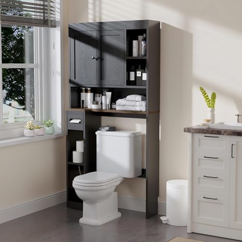 Over The Toilet Storage Cabinet with 7 Shelves, Imitation Walnut Grain Above Toilet Bathroom Organizer with Toilet Paper Holder Stand, Space Saver for Restroom, Laundry, Bathroom (Black) by Nivisre