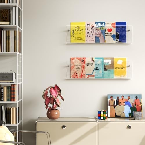Acrylic Magazine Holder, 2 Pack Hanging Bookshelf Magazine Rack, Wall Mounted Floating Brochure Display for Waiting Room, Office, Home (Clear, 24 Inch) - Image 4