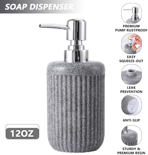 XLHOMO Resin Grey Bathroom Accessories Set 5 Pcs, Lotion Soap Dispenser, Toothbrush Holder, Bathroom Tumbler, Qtip Holder and Vanity Tray, Bathroom Countertop Organizer Set for Modern Home Apartment - Image 3