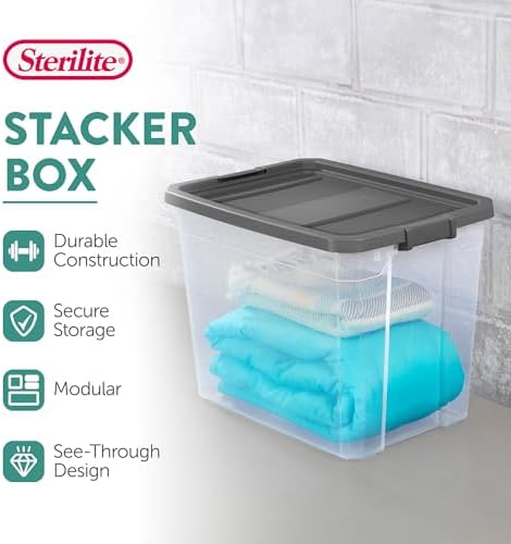 Sterilite 16-Pack Modular Stacker Box, Durable Clear Plastic Storage Bins with Latching Lids, 108 Quart - Stackable Organizing Container Boxes for Closet, Bathroom, and Office - Image 2