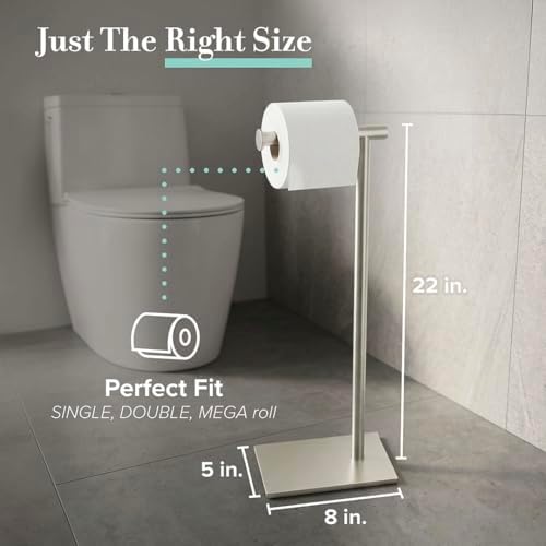 Gatco 1431SN Bathroom Toilet Paper Holder Stand, Freestanding Tissue Roll Holder, Weighted Base, Satin Nickel, 22.25 Inch, Modern Rectangle Base - Image 2