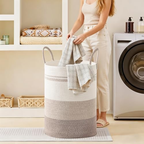 58L Tall Cotton Rope Laundry Basket with Handles, Brown Striped - Image 4