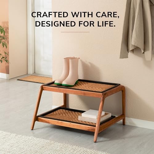 Anji Mountain Heavy Duty Waterproof Wooden Shoe Storage Mat Organizer/Boot Storage Tray Multi Use for Entryway with Coir, Tan Cross Embossed Insert, 2 Tier, Fits 4 Pair (26.5" Wide) - Image 6