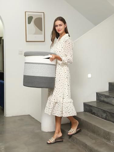 16" x 16" x 18" Extra Large Storage Basket with Lid, Cotton Rope Storage Baskets, Laundry Hamper, Cloth Bin, for Clothes Towels Blankets Pillows Storage in Living Room, White/Grey Mix/Dark Grey - Image 2