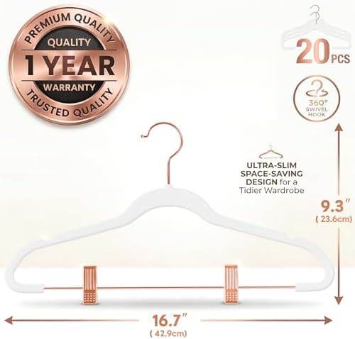 MIZGI Premium Velvet Pants Hangers with Clips (Pack of 20) Slim Skirt Hangers- Non Slip Felt Outfit Dress Hangers White - Copper/Rose Gold Hooks,Space Saving Shirt Clothes Hangers - Image 2