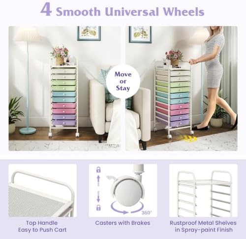 GIANTEX 10 Drawer Storage Cart, Rolling Craft Cart w/Metal Tabletop - Image 5