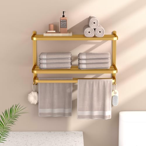 23 Inch 3-Tier Gold Towel Racks for Bathroom with Towel Bars Multilayer Hotel Towel Shelf Stainless Steel Wall-Mounted Brushed Finish Holder with Towel Shelves - Image 6