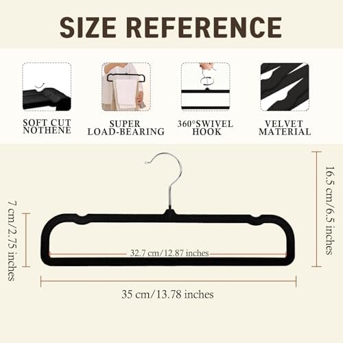 Pants Hangers Non Slip - 20 Pack Velvet Hangers for Closet - Thin Space Saving Clothes Hanger - Strong, Durable, Perchas Terciopelo with 360° Rotatable Hook for Jean, Tank Top, Bra, Shorts (Black) - Image 2