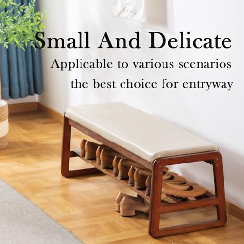 latifolia Solid Wood Bench, Entryway Shoe Bench with Cushion, 2 Tier Shoe Storage Organizer for Hallway, Living Room(Grey,39.70''L) - Image 4