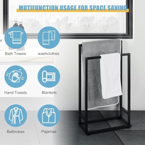 Towel Racks for Bathroom, 2 Tier Standing Stainless Steel Towel Racks Stand for Bathroom, Hand Towel Drying Rack Holder, Towel Bar Stand Blanket Rack, Black - Image 3