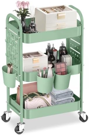 ALVOROG 3 Tier Metal Rolling Utility Cart with Pegboards,Baskets,Hook,Green by ALVOROG