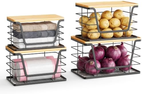 ALOCEO 4 Pack Stackable Storage Bins with Lids, Stainless Steel Trash Bag Dispenser Roll Holder for for Kitchen Sink, Laundry, Pantry Organizer and Storage, Black - Image 3