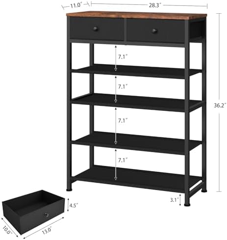 usikey Shoe Rack, 5 Tier Shoe Storage Organizer with 2 Drawers, Metal Shoe Shelf for 12-16 Pairs of Shoes, with 4 Oxford Fabric Shelves and Wooden Top, Shoe Stand for Closet Entryway, Black - Image 3