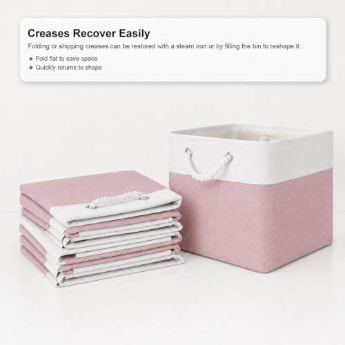 11x11 Inch Cube Storage Bins, 8 Pack Collapsible Fabric Storage Cubes with Rope Handles, Waterproof Foldable Storage Baskets for Cube Shelves, Closet, Clothes, Toys, Books, White & Pink - Image 5