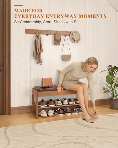 Shoe Rack Bench with Hidden Storage, 2‑Tier Solid Rubberwood Entryway Bench - Image 5
