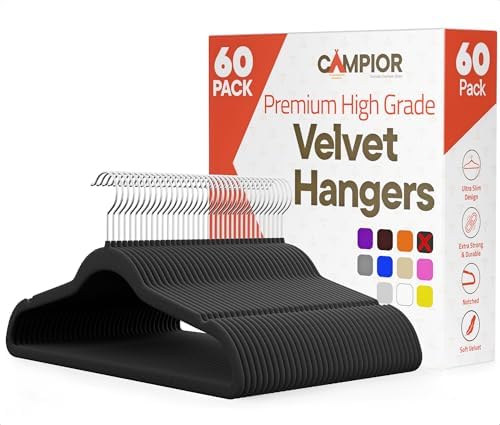 Black Velvet Hangers 60 Pack – 360° Swivel Hook, Non-Slip and Space Saving Hangers, Heavy-Duty 11 lbs Weight Capacity - Smooth Velvet Finish for Crease-Free Clothes and Effortless Closet Organization by Campior