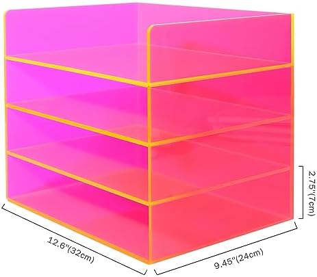 Gelite Acrylic File Organizer for Desk 4 Tiered Stackable Letter Tray Office Paper Storage Desktop Document Sorter, Neon Pink - Image 2
