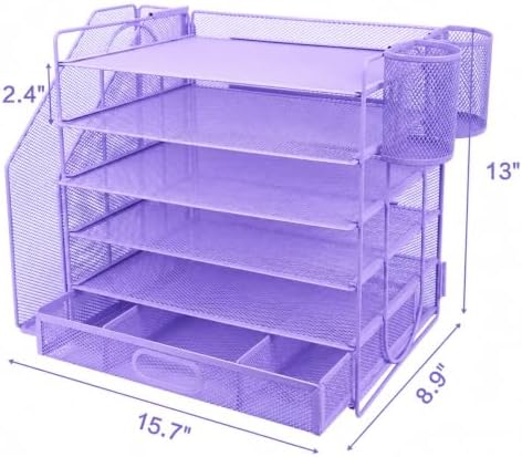 Desk Organizers and Accessories with File Holder, 6-Tier Paper Letter Tray Organiser with Drawer and 2 Pen Holder, Mesh Desktop Document Organizer for Office Supplies, Workspace - Purple - Image 2