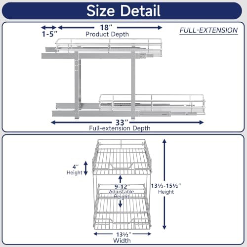 2-Tier Pull Out Cabinet Organizer, 13.5" W x 18" D, Heavy Duty Dual Slide Out Shelves for Base Cabinets, Chrome Wire Basket Drawer for Pantry, Kitchen & Bathroom Storage - Image 2