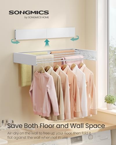 SONGMICS Clothes Drying Rack, Wall-Mounted, Foldable, with Storage Shelf - Image 3